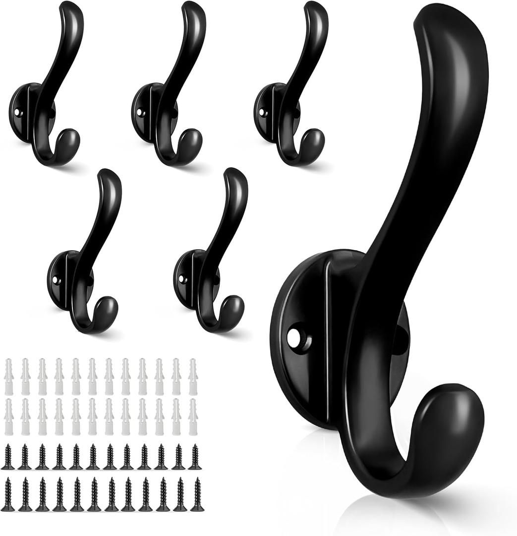 6 Pack Coat Hooks Wall Mount Heavy Duty Utility Retro Double Hooks for Hanging Coats,Hat, Towel, Key, Robe, Scarf, Bag, Cap (Black)