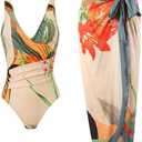 Womens One Piece Floral Bathing Suit with Beach Cover up Wrap Skirt Two Piece Tummy Control Monokini Set Swimsuit (X-Large, 3015-orange)
