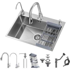 23.6 * 17.7in Drop In Kitchen Sink,Silver Gray Stainless Steel Single Bowl Sink,Topmount Workstation Sink With Pull Out Faucet,Soap Dispenser And Drain Basket