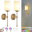 Battery Operated Wall Sconces Set of Two, Rechargeable Wireless Dimmable LED Lights with Remote Control, Modern Gold & Glass Design for Bedroom, Living Room - 2-Pack