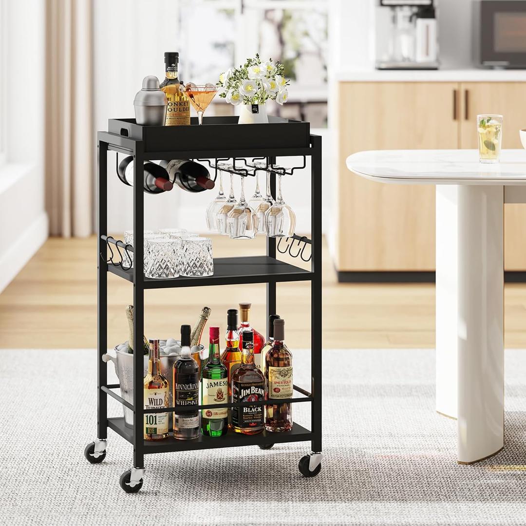 TUTOTAK Bar Cart with Removable Tray, Home Bar Serving Cart, Drink Cart, Mobile Kitchen Shelf with Wine Rack and Glass Holder, Rolling Beverage Cart for Living Room, Kitchen, Black BC01BK036 (13"D X 17"W X 34.4"H)