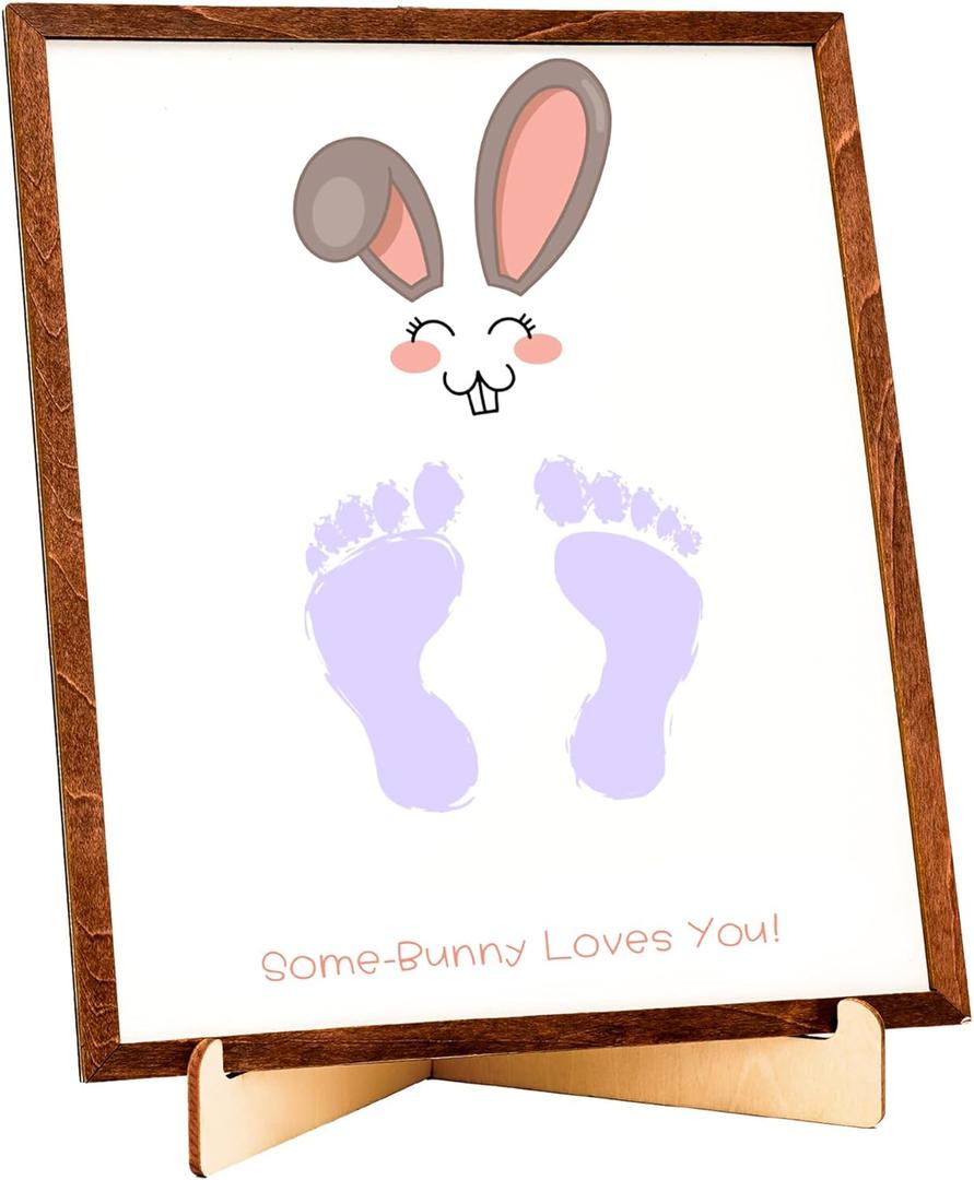 5 x Easter Bunny Footprints, Baby First Easter, Newborn Footprint Kit, Baby Keepsake, Some-Bunny Loves You, Framed Gift for New Mom, Nursery Decor, Infant Memory DIY Footprint Art Display (Wood Brown)