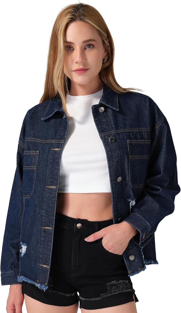 roswear Women's Denim Jacket Oversized Long Sleeve Shacket Shirts Distressed Jean Jackets Fall Outfits (Medium, Navy Blue)