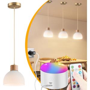 1 Pack Battery Operated Pendant Light, Rechargeable Ceiling Light with 10000mAh Detachable Magnetic Bulb, Wireless Chandelier with Remote, RGB Dimmable Hanging Light fixtures for Kitchen Island Decor (White-6.2inch)