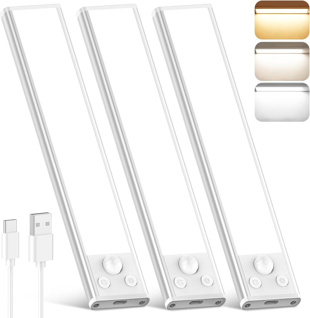 10 Inch Under Cabinet Lights, 2200mAh Rechargeable Battery Operated Motion Sensor Lights Indoor, Wireless Dimmable Closet Lights, 3 Color Under Counter Magnetic Night Lights for Kitchen, Stair, 3-Pack