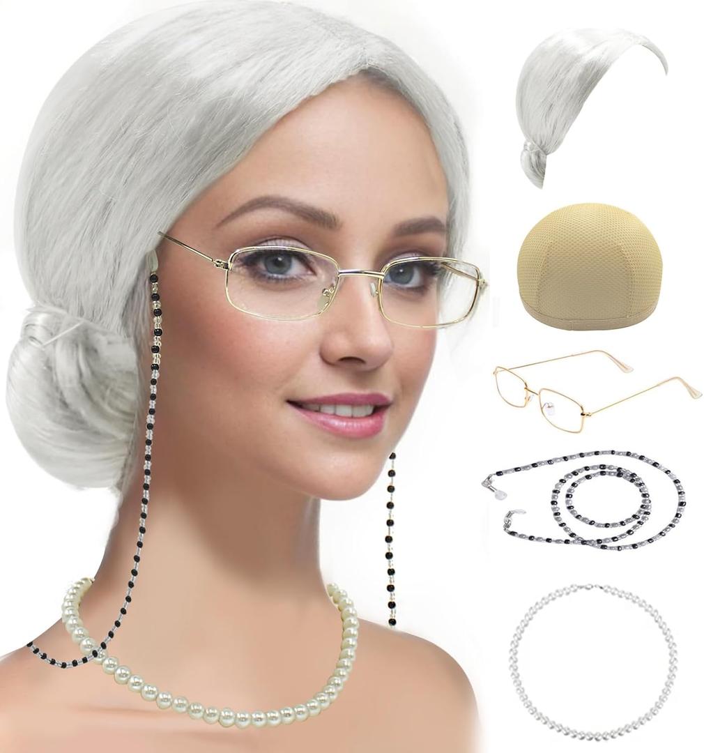Old Lady Costume Set Grandma Wig Cap Madea Granny Glasses Eyeglass Chains Cords Faux Pearl Bead Necklace Cosplay Set 5 Pieces (Base Size, silver white bun)