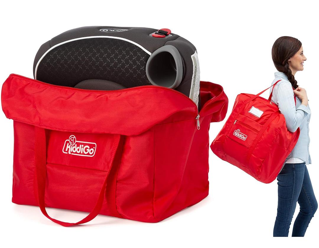 KiddiGo Booster Seat Travel Bag for Airplane, Red, 17" H x 16.5" W x 9.5" D, Fits Most Backless Booster Seats, Easy to Carry with Luggage Handle, Durable Zippers & Front Small Pocket