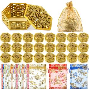 Gerrii 24 Pack Indian Return Gifts for Pooja Bulk Gold Hollow out Hexagon Plastic Candy Boxes with Colorful Organza Bags Indian Return Gifts for Pooja Diwali Wedding Housewarming Christmas (Classic)