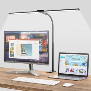 LED Desk Lamp for Home Office, Bright Double Head Desk Lamp with Clamp, Dimmable 5 Color Modes Desk Lighting, 12W Eye-Caring Architect Table Lamp for Workbench, Monitor, Reading, Study, 1400lm (25 inch, Black)