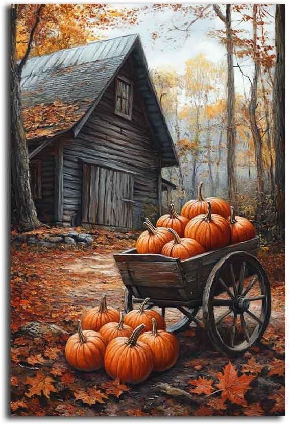 MNFGMH Farmhouse Pumpkin Barn Wall Art, Autumn Pumpkins Print, Printable Countryside Fall Painting, Autumn Halloween Decor, Fall Foliage Picture Gifts Canvas Roll 16x24 inch (Color9-Unframed)