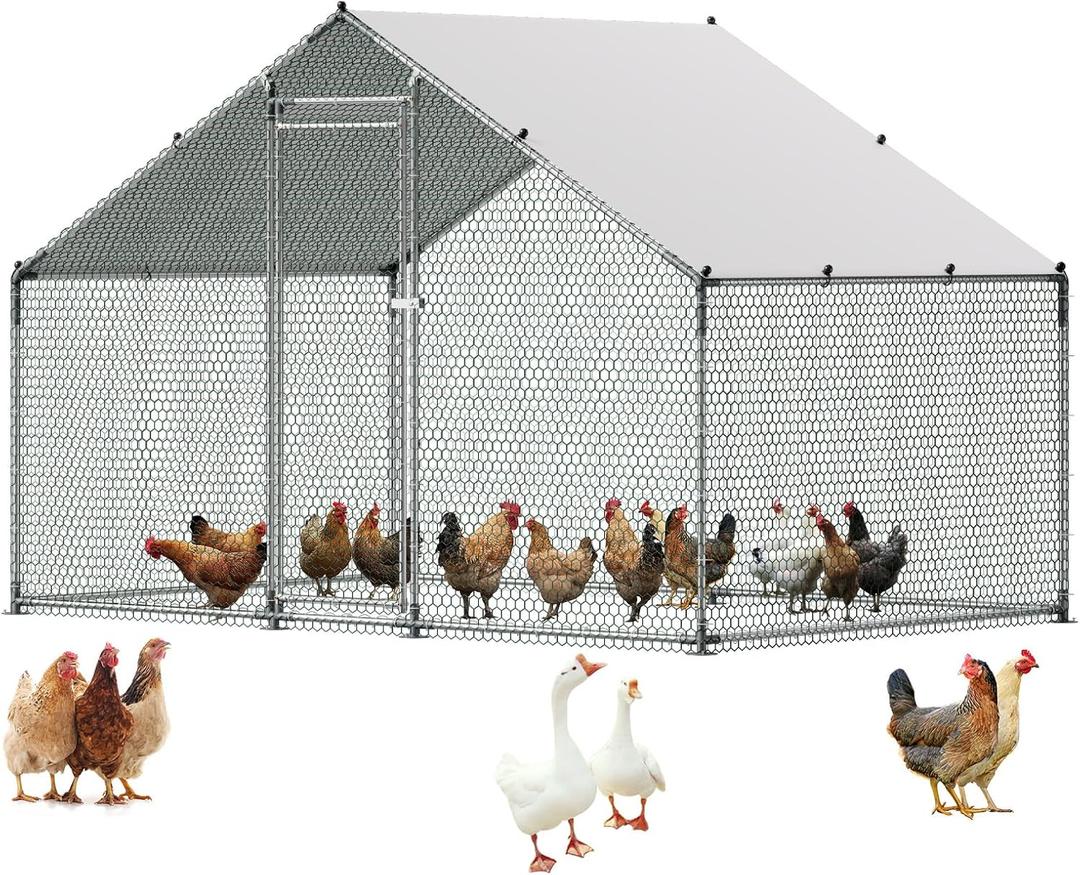 VEVOR Large Metal Chicken Coop with Run, Walk in Chicken Run for Yard with Waterproof Cover, 6.5 x 9.8 x 6.5 ft, Spire Roof Large Poultry Cage for Hen House, Duck Coop and Rabbit Run