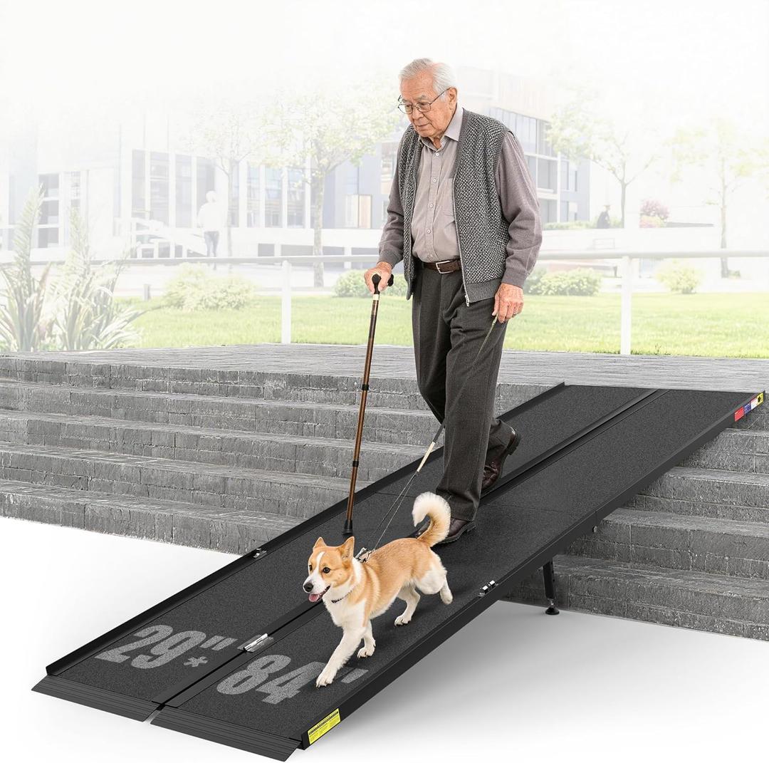 7 Feet Portable Wheelchair Ramp with Sopport Legsk, Black Seamless Non-Slip Aluminum Folding Handicap Ramp,Threshold Ramp for Doorways, Wheel Chair Ramp for Home Steps