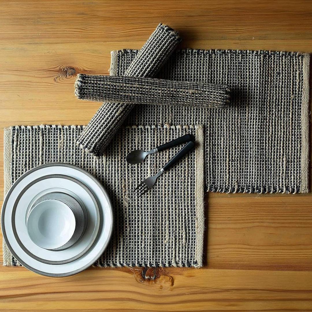 Chardin Home Natural Jute & Black Placemats, Set of 4 Rustic Handmade Boho Table Mats, 13x19 Inch Dining Table Placemats for Kitchen, Everyday Meals, Holidays, Farmhouse or Modern Table Dcor