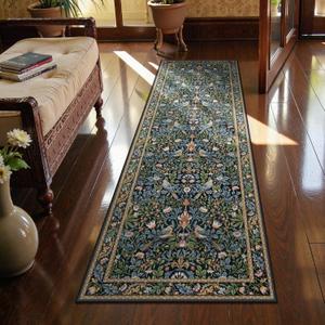 Beeiva Bird Floral Hallway Runner 2x6 Non Slip Washable Runner Rug Ultra Thin, Boho Stain Resistant Kitchen Rug Botanical Decor for Entryway Bedroom Laundry (Dark Green/Navy Blue)