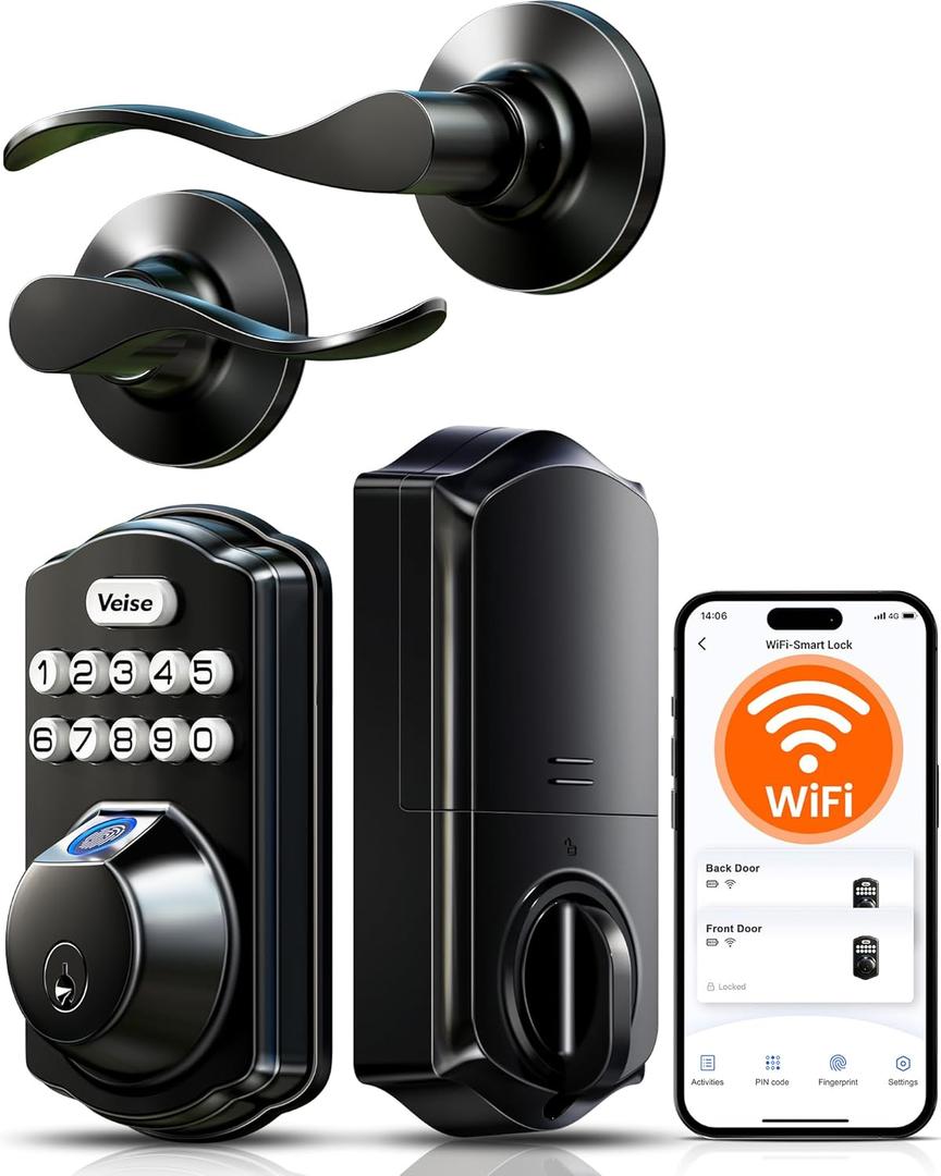 Veise VE012W-B Wi-Fi Fingerprint Smart Lock with Handle Set, Remote App Control, Keyless Entry Front Door Lever, Built-in WiFi No Hub Needed, Backlit Keypad Deadbolt, Auto-Locking, Matte Black