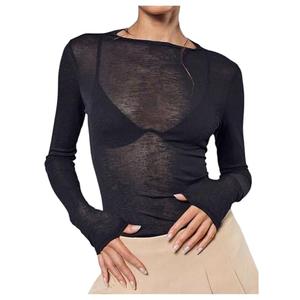 RoseSeek Women's Sheer Mesh Long Sleeve T Shirts Boat Neck Slim Fit Tee Tops Going Out See Through Shirts Black Medium
