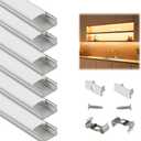 Muzata 6Pack 3.3FT/1M LED Channel Aluminum U Shape Silver LED Strip Diffuser Channel with Milky White Cover Easy Installation U1SW WW 1M