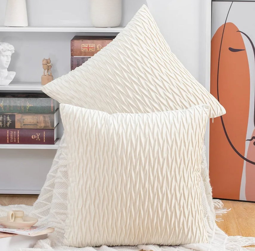 MADIZZ Set of 2 Super Soft Velvet Decorative Throw Pillow Covers 16x16 inch White Square with Texture Luxury Style Cushion Case Pillow Shell for Sofa Bedroom