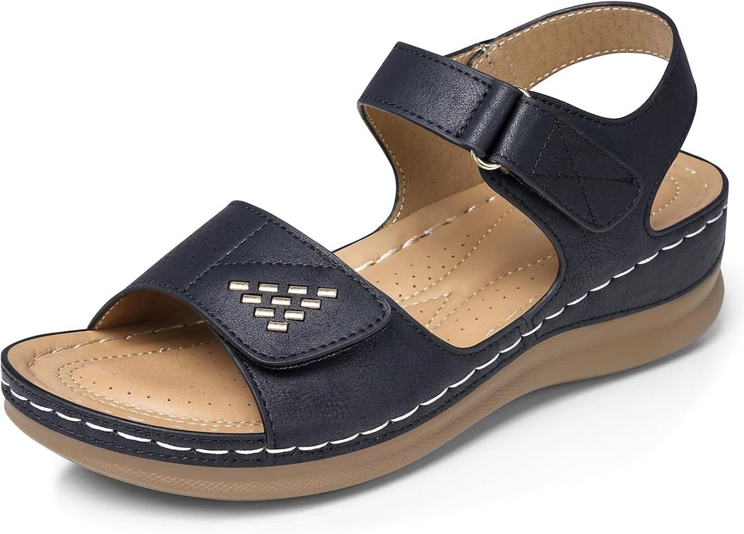SWQZVT Flat Sandals for Women Dressy: Comfortable Summer Walking Sandal - Black Size 8 Slip On Velcro Sandals