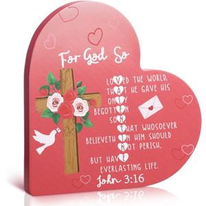 RattanView Valentine's Day Christian Wooden Heart Block John 3: 16 Bible Verses Wooden Love Sign 6'' Tabletop Shelf Decor for Farmhouse Valentines Party Tiered Trays Gift