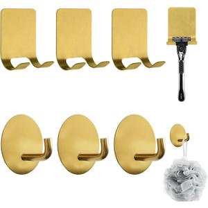 MOROBOR 4 Pack Adhesive Razor Holder and 4 Pack Utility Wall Hook, Gold Shaver Holders Towel Hook Stainless Steel Waterproof Storage Hanger for Towels Bath Accessories for Kitchen & Bathroom