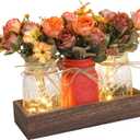 Mason Jar Table Centerpiece Decor with Lights, Wood Tray & 3 Artificial Flowers - Farmhouse Table Decor for Dining Room, Living Room, Kitchen, Coffee Table