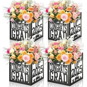 4 Pack 7x7x7.5 Inches Black and White Graduation Centerpiece Boxes with Laser-Cut 'Congrats Grad Class of 2025' Lettering, Perfect for Grad Party Favors, Flower Arrangements and Table Decorations