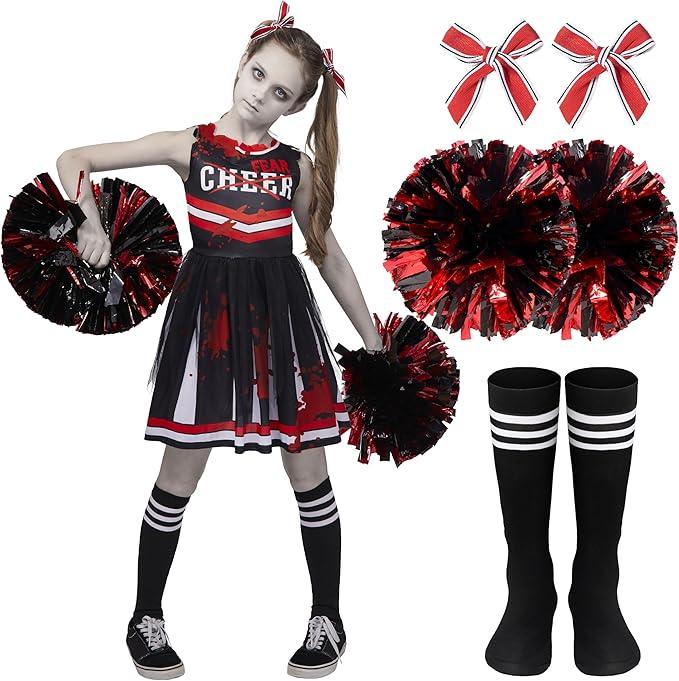 Spooktacular Creations Halloween Cheerleader Costume for Girls, Kids Zombie Cheerleader Outfit, Dead Fearleader Dress L