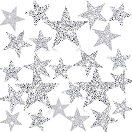 Syhood 24 Pieces Star Patches Iron on Rhinestone Adhesive Sequin Glitter Star Patches Appliques for Clothing Jeans Repair Decoration(1.57/2.36/3.15 Inch,Silver)