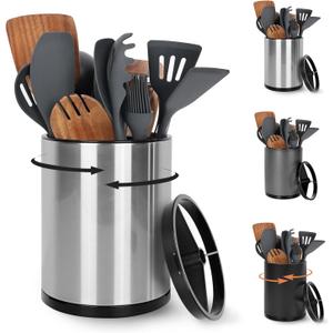 Extra Large Kitchen Utensil Holder, 360 Rotating Stainless Steel Cooking Utensil Holder for Countertop, 3 Compartment Flatware Organizer & Cooking Caddy with Removable BaseSilvery