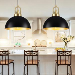 16'' Large Dome Pendant Lights for Kitchen Island, 2 Pack Black and Gold Dome Pendant Light Fixture, Modern Farmhouse Industrial Chandelier for Dining Room Bar Living Room