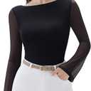 SUUKSESS Women Mesh Sheer Bell Sleeve Tops Double Lined Boat Neck Going Out Shirts (Black, L)