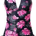 Two Piece Halter Tankini Swimsuits for Women Tummy Control Bathing Suits V Neck Swimwear XL, Pink Floral