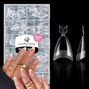 Luckyfairy Almond Nail Tips, 504PCS Pre Etched Half Cover Fake Nails Tips, 12 Sizes Medium Almond Shape Clear Soft Natural Acrylic Press On Gel Nail Extensions DIY Salon