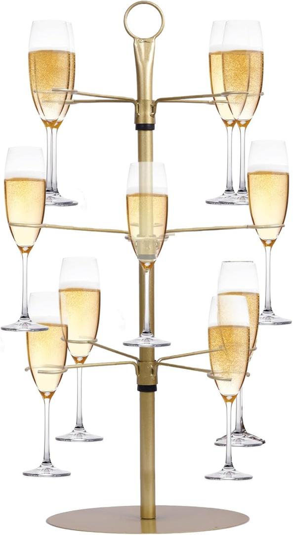 Metal Drink Tower for Parties - 3 Tier Champagne Glass Holder with 12 Brackets for Bar Stand or Cocktail Tree Stand