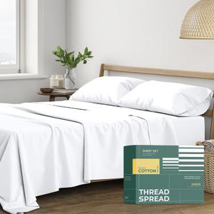 THREAD SPREAD 100% Organic Cotton Sheets Full Size - 4 PC Organic Cotton Full Size Percale Weave Sheet Set, Soft, Cooling, Crisp & Breathable, 16" Deep Pocket Hotel Quality Bedding Set - White