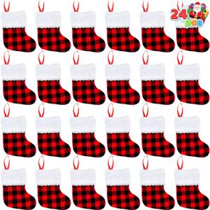 JOYIN 12 PCS 5 Mini Christmas Stocking,Red Black Plaid Xmas Stockings for Christmas Tree Decoration, Party Favors and Holiday Season Supplies