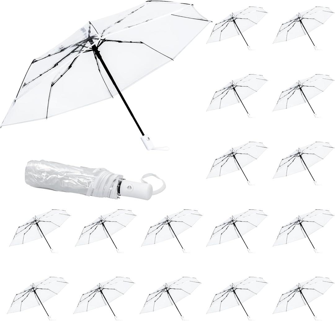 16Pcs Clear Wedding Umbrellas Portable Folding Umbrella Automatic Open Close Windproof Rain Umbrella for Outdoor Bride Shower Party Supplies