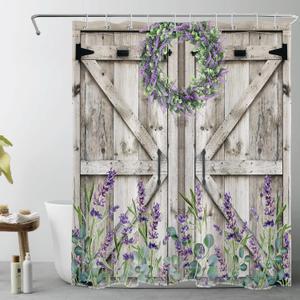 Western Barn Door Shower Curtain for Bathroom, Purple Lavender and Green Eucalyptus Wreath on Rustic Wood Boards Fabric Shower Curtain with Hooks, Botanical Bathroom Curtains Shower Set, 60x72 inches (Grey)
