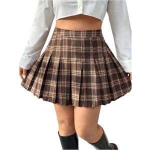 Floerns Women's Plus Size Plaid Print High Waist Mini Skirt Uniform Pleated A Line Skirts (Brown, XL)