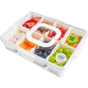 Snackle Box Container, 8-Compartment Divided Serving Tray with Lid & 2 Dip Cornus, Portable Snack Tray & Christmas Charcuterie Container for Parties, Road Trips & Airplane Snacks