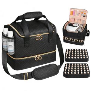 Nail Polish Organizer Bag Holds 80 Bottles (15ml/0.5fl.oz)& Nail Lamp, Soft Velvet Nail Kit Storage Carrying Case with Shoulder Strap, Double Layer Nail Supplies Organizer Handbag Women Black