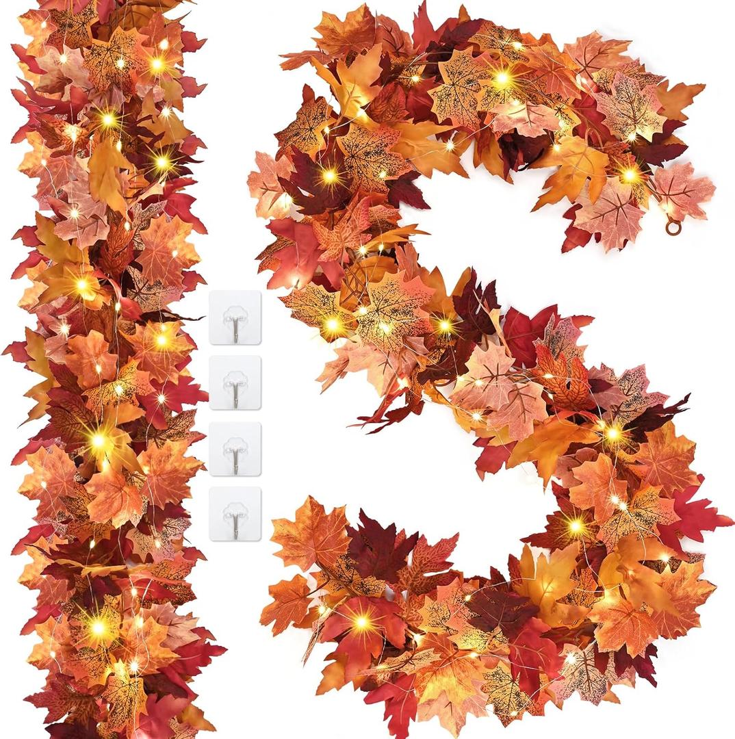 Waipfaru Fall Decor, 2 Pack Fall Garland with Lights, 5.7Ft Lighted Autumn Leaf Garland for Wedding Fireplace Mantle Thanksgiving Decor