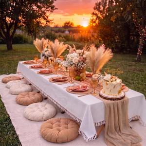 Sintuff Boho Picnic Kit for 6, Portable Folding Low Picnic Table 58.26'' x 23.03'' with Beige Table Runner, Picnic's Blanket, 6 Floor Pillows, Tablecloth & Placemats for Beach Camping Wedding Party