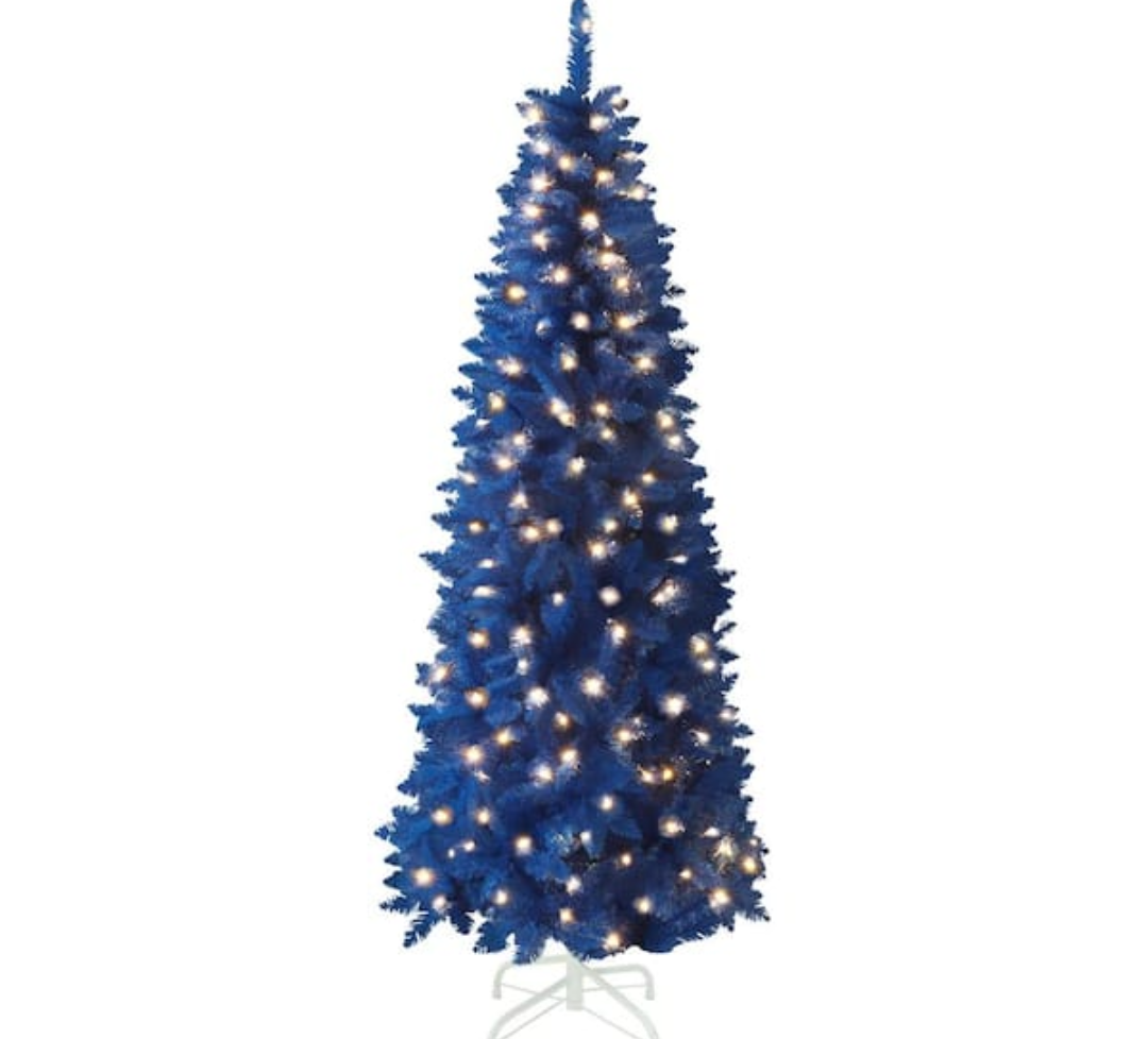 6 ft. Pre-Lit LED Pencil Slim Artificial Christmas Tree with Warm White Light, Blue
