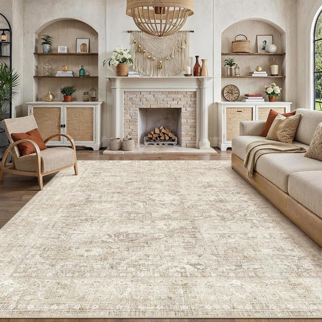 7x9 Beige Washable Area Rug for Living Room Bedroom Neutral Soft Non Slip Rug Low Pile Vintage Distressed Carpet for Dining Room Nursery Office Indoor