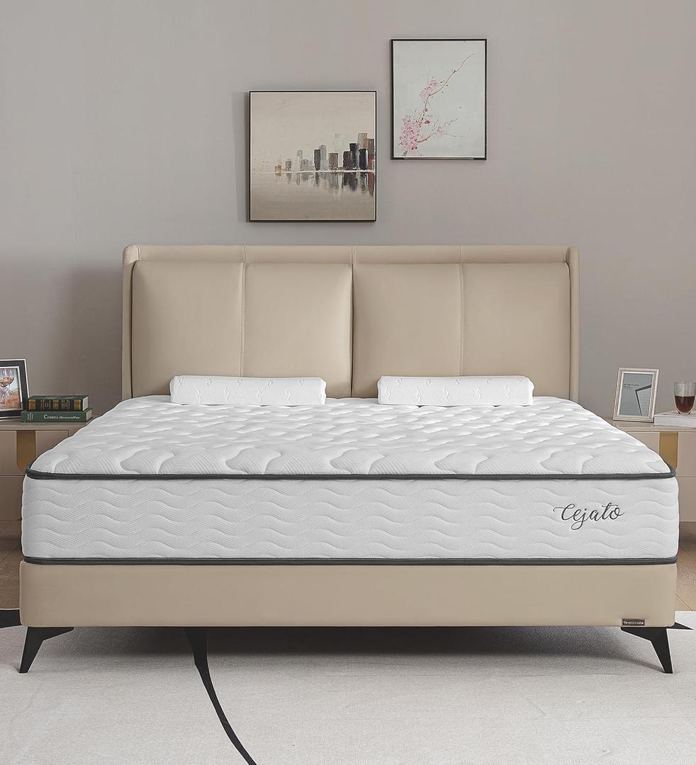 Cejato Queen Size Mattresses, 10 Inch Memory Foam Hybrid Queen Mattresses in a Box White Mattress with Provide Sleep Support and Pressure Relief, Medium Firm, CertiPUR-US