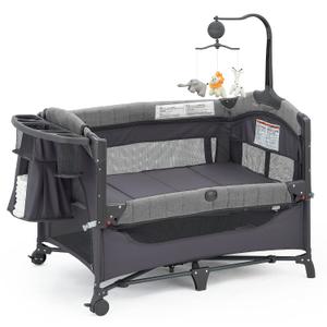 QUTANIX Baby Bedside Bassinet Sleeper,5-in-1 Pack and Play with Full-Size Bassinet,Baby Playard with Changing Table,Storage Shelf,Music Mobile with Soft Toys for Newborn to Toddlers (Grey)