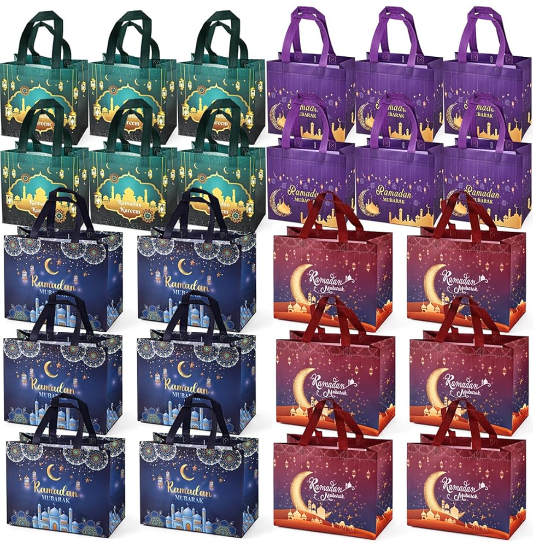24PCS Ramadan Mubarak Reusable Gift Bags, Assorted Sizes, Treat Bags with Handles, Ramadan Mubarak Party Bags, Multifunctional Non-Woven Eid Bags for Gifts Wrapping, Ramadan Kareem Party Supplies