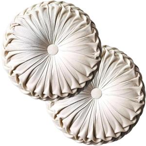 Teieas 2 Pcs Round Throw Pillows Decorative Pumpkin Velvet Boho Pleated Bed Pillows Back Support for Couch Chair Dorm Car 14.96'' (Beige)